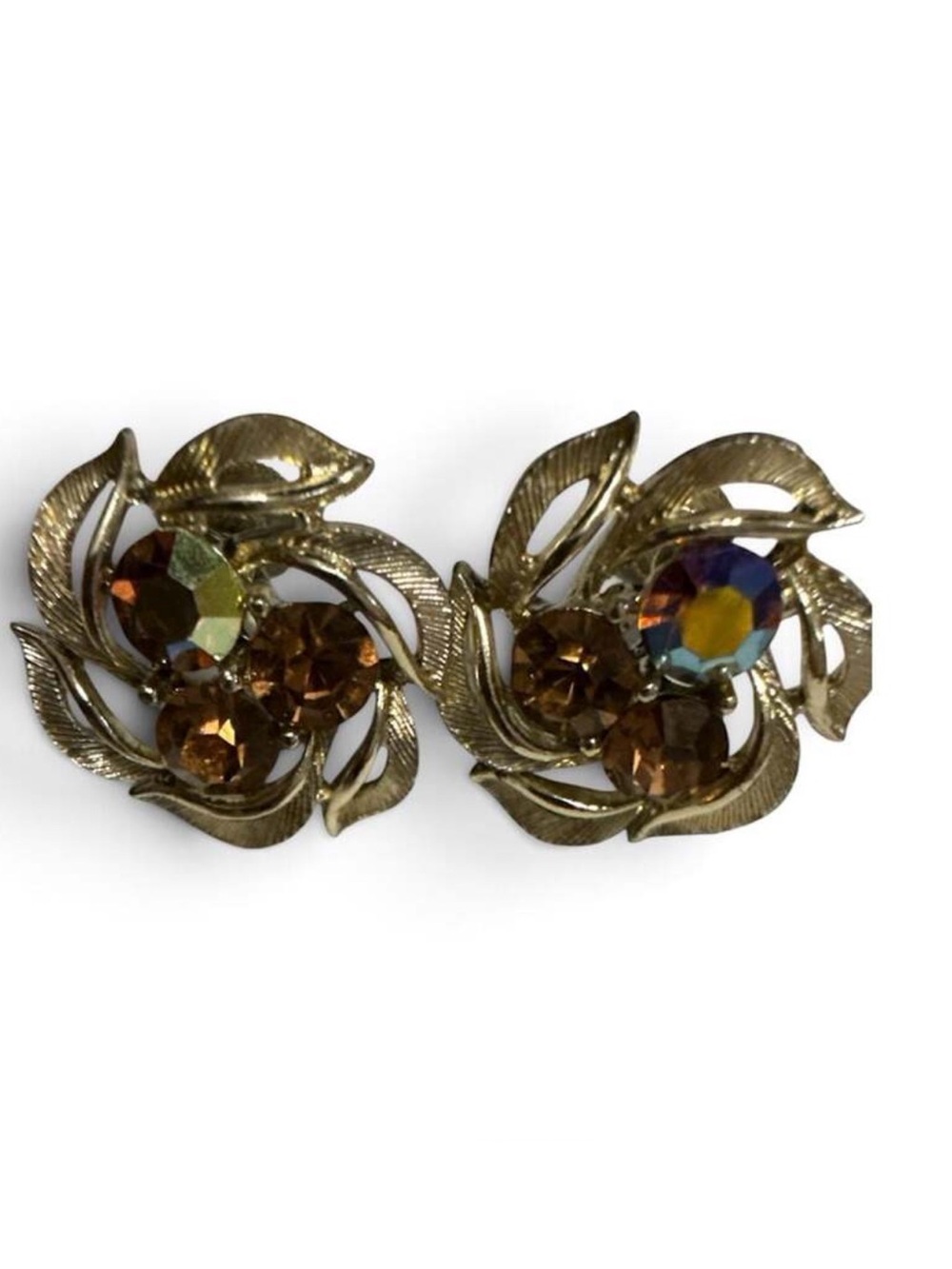 Vintage Lisner Gold Tone Leaf Earrings with Amber and Aurora Borealis